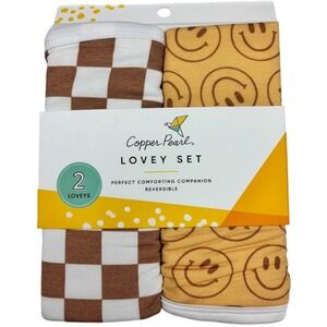2 Smiley Face Brown White Check 3 Layer Baby Lovey Set Copper Pearl Security NWT